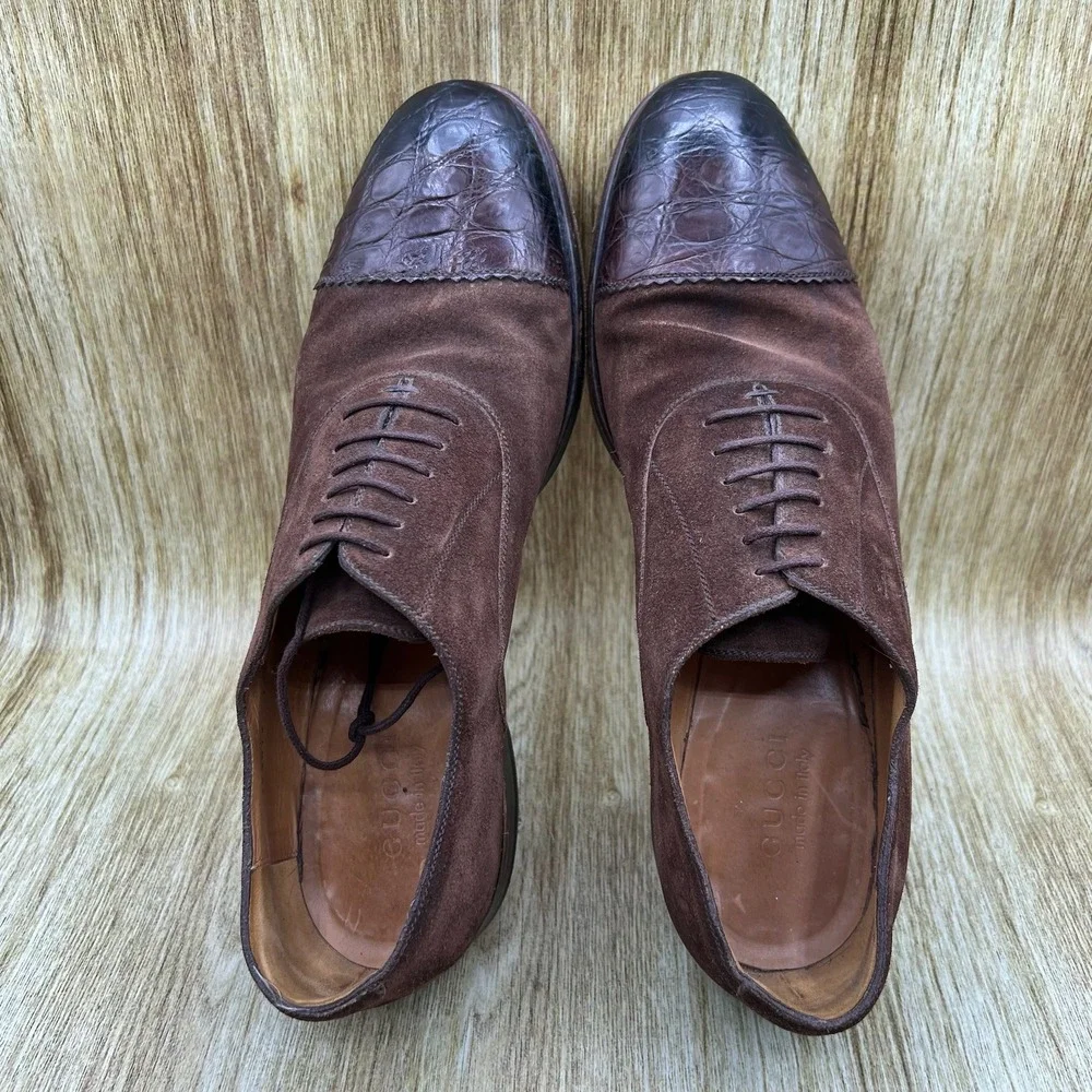 Gucci Crocodile Cap Toe Oxfords Men's Size 10 Brown Suede Made In Italy